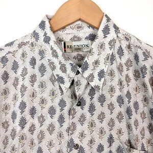 Vintage Reunion Disco Shirt Men XL Tan Rayon Button Up Hand Block Print AOP 70's